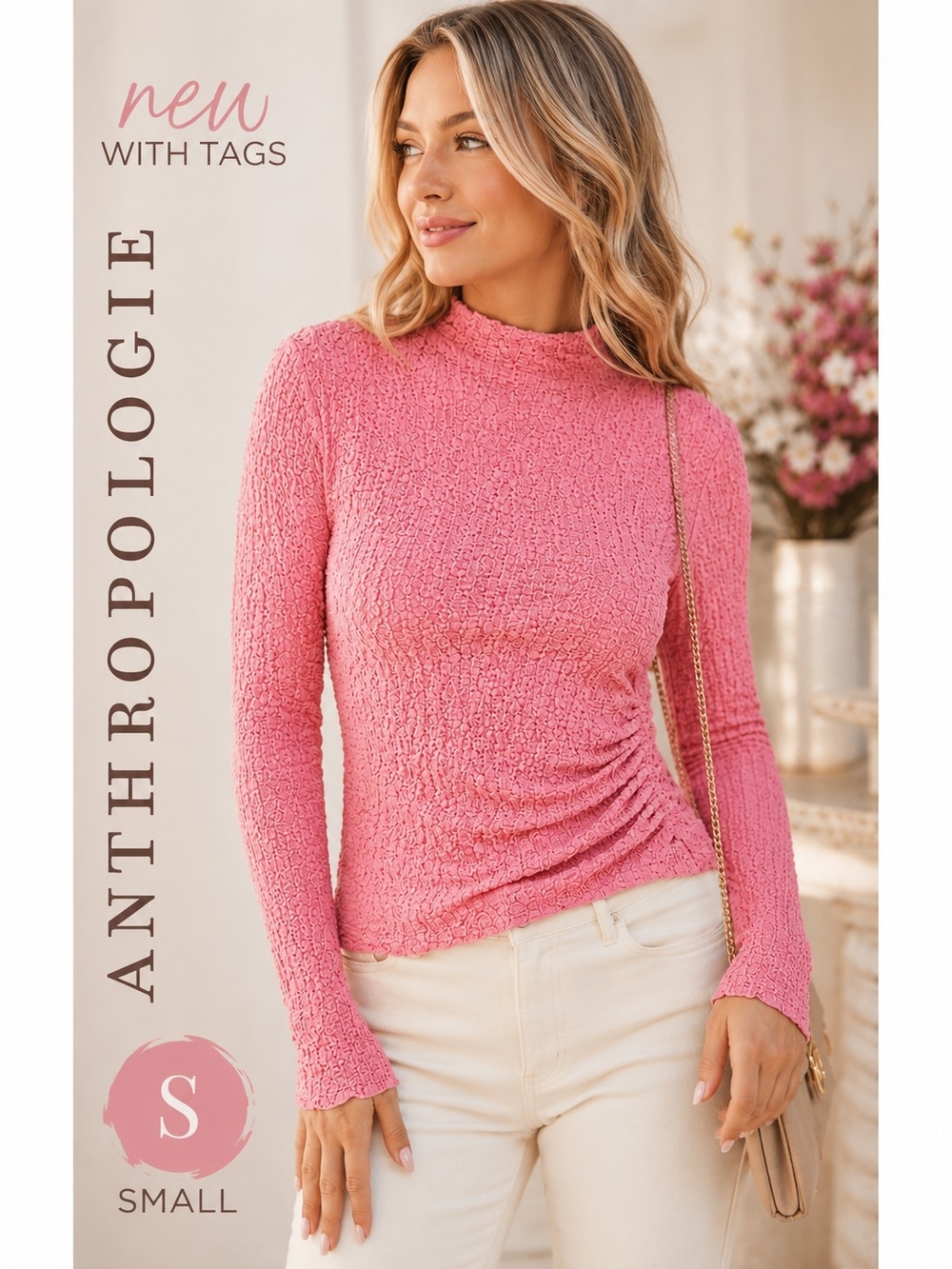 NWT Anthropologie Pink Smocked Lace Textured Long Sleeve Top S Romantic Boho